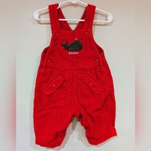 Vintage OshKosh B'gosh Kids Red Corduroy Overalls with Whale Design 3-6m